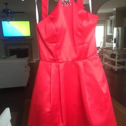 Beaded Neckline Short Red Satin Homecoming Dress..