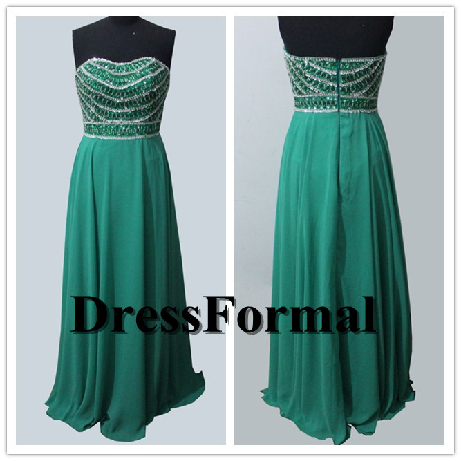 Emerald Long Rhinestone Beaded Bust Strapless Sweetheart Floor Length Prom Evening Gown 2015