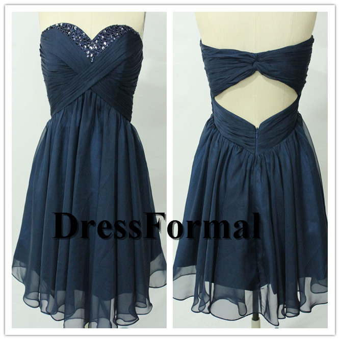 Navy Short Pleated Bust Sequied Neckline Open Back Chiffon Prom Dress, Navy Cocktail Dress Online