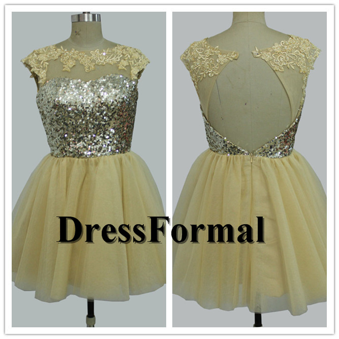 Gold Sparkly Top Lace Applique Scoop Neck A Line Tulle Homecoming Dress 2015, Sequined Gold Prom Dress Short