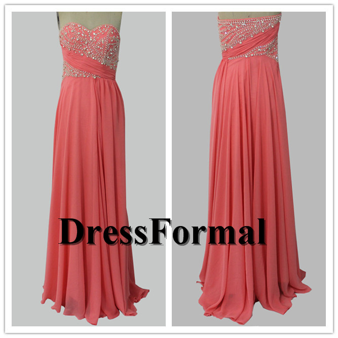 Coral Long Chain Beaded Bust Strapless Chiffon Dress For Prom, Coral Long Evening Dresses 2015