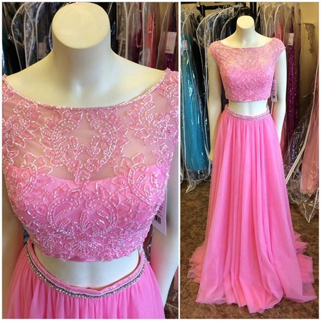 Pink Sequined Crop Top Two Piece Pleated Prom Dress 2016