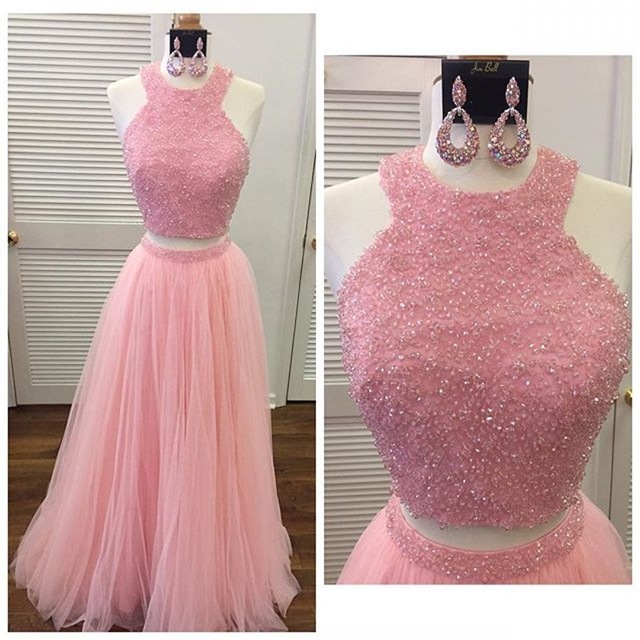 Pink Sequined Crop Top Two Piece Pleated Prom Dress 2016