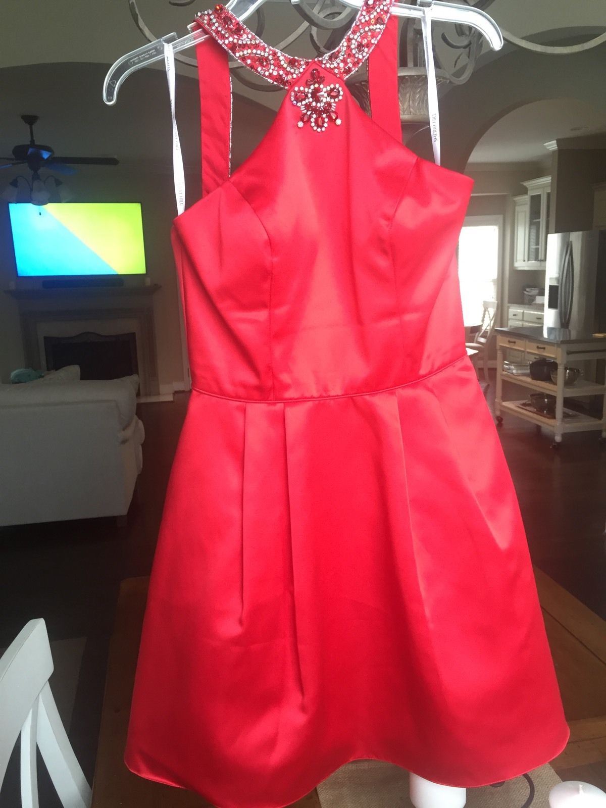 Beaded Neckline Short Red Satin Homecoming Dress 2016